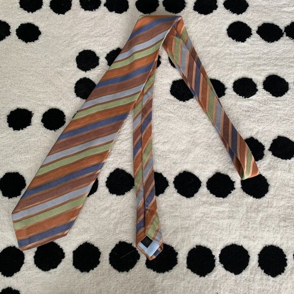 Eton Silk Linen Brown Green Striped Print Neck Tie - Picture 2 of 8